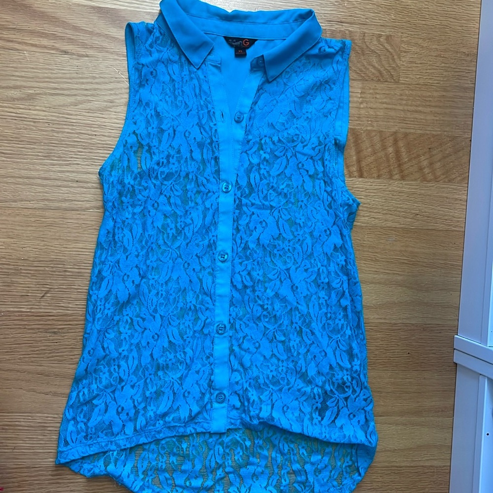 G by GUESS teal blue sleeveless lace blouse XS